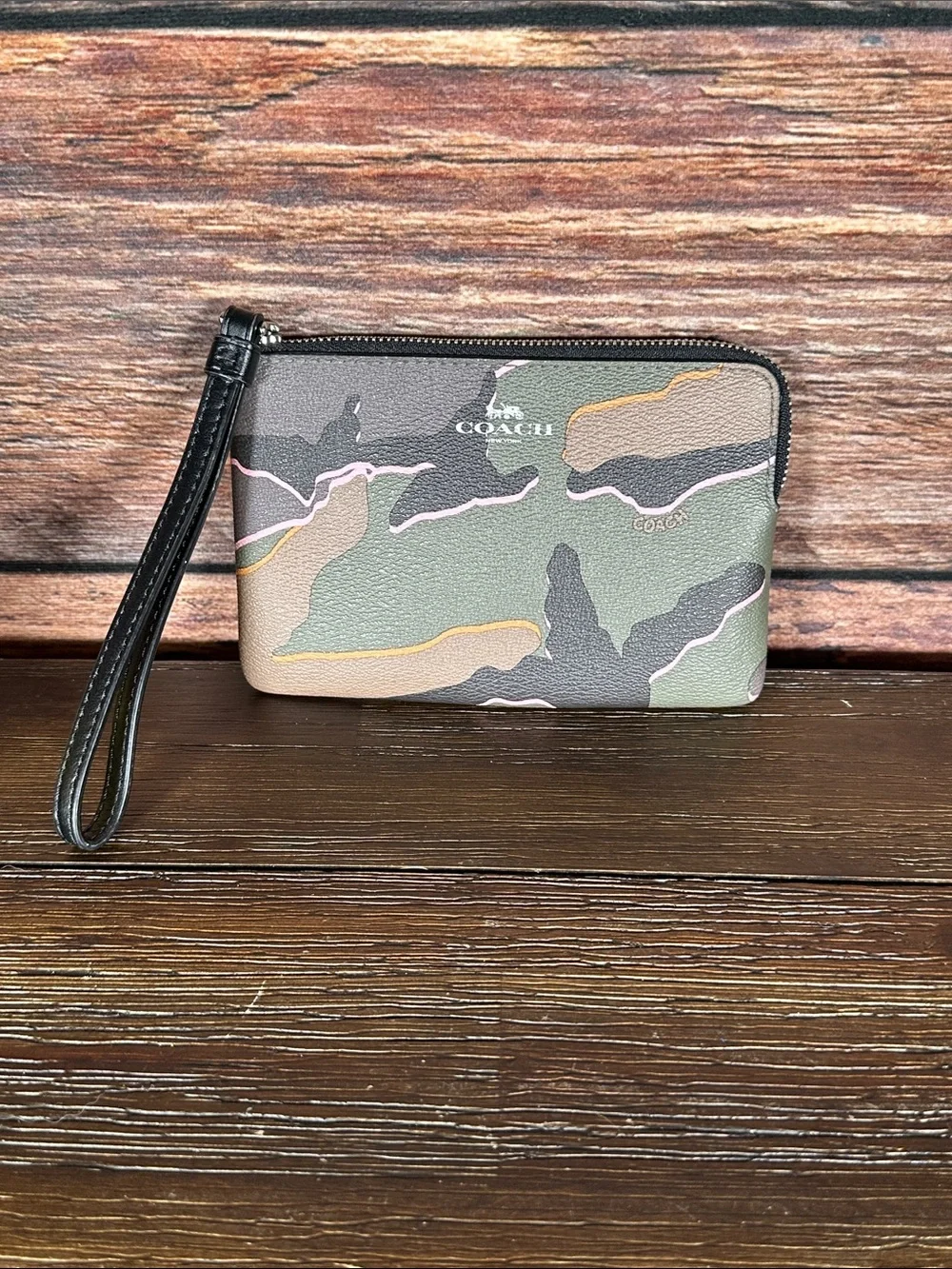 Coach Camouflage Leather Wristlet in Green and Tan & Pink